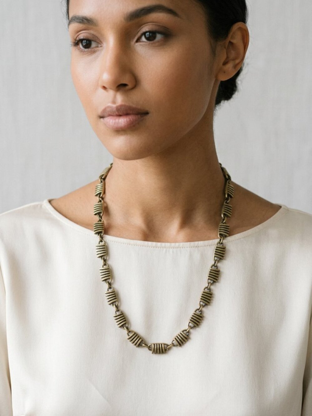J.Crew Antique Gold Tone 3D Art Deco Fishbone Link Necklace - Adjustable